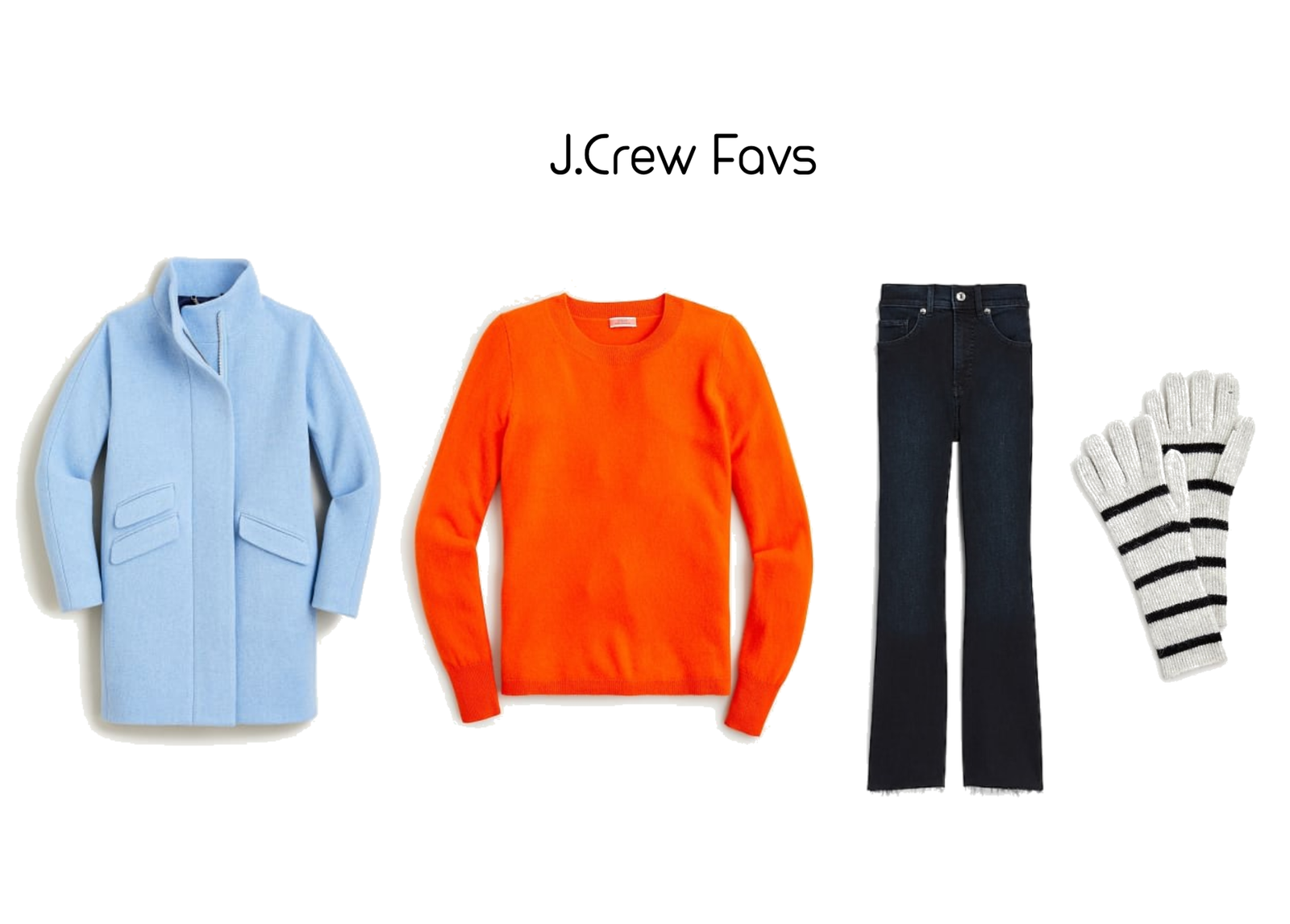Blue JacketOrange SweaterJeansGloves