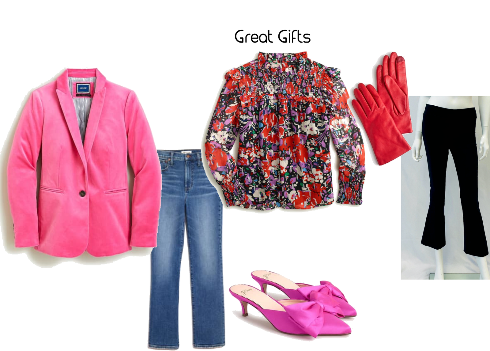 Pink BlazerJeansFloral BlouseGlovesPink Satin ShoesWorld’s Best Pants (Use code WAYGIT for 25% off)