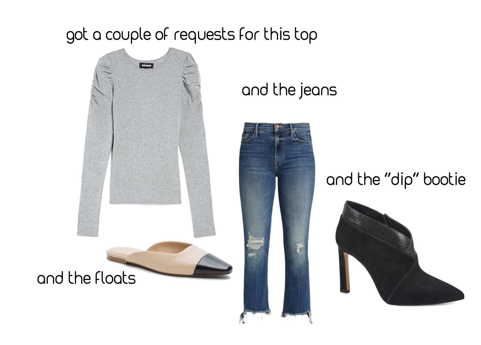 Lots fo you gals asked about my outfit the other day. Here it is!Grey Sweater; Flats; Jeans; Booties