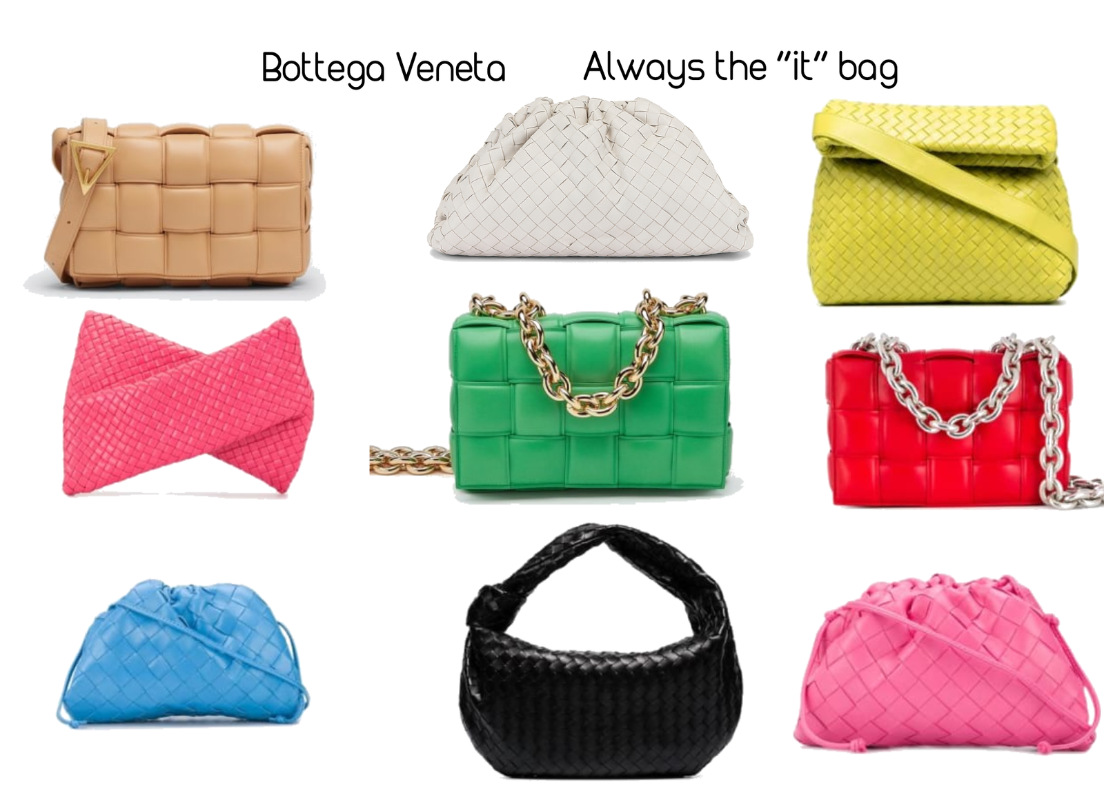 Tan, White, Yellow, Pink, Green, Red, Blue, Black, Pink. See them all HERE and HERE