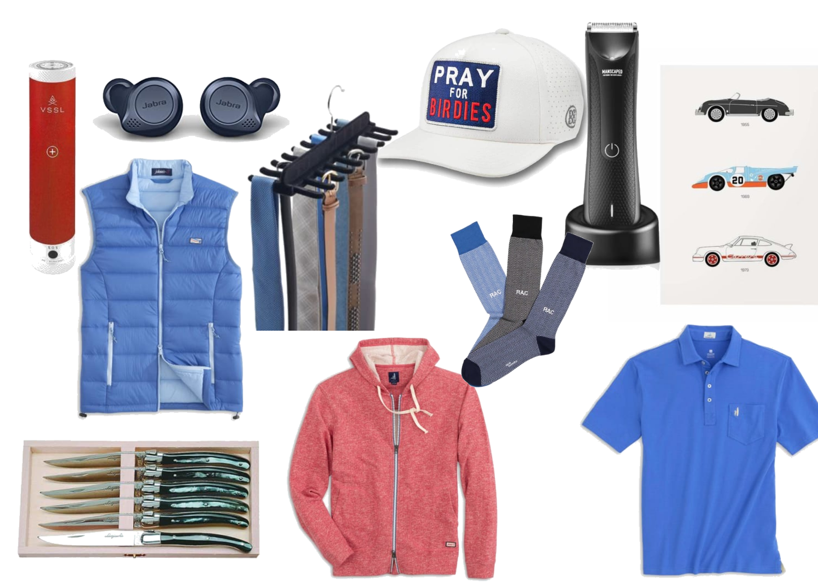 First Aid Kit, Earbuds, Birdies Hat, Manscaper, Blue Vest,Tie Rack, Monogram Socks, Car Print, Knives, Hoodie; Blue Polo