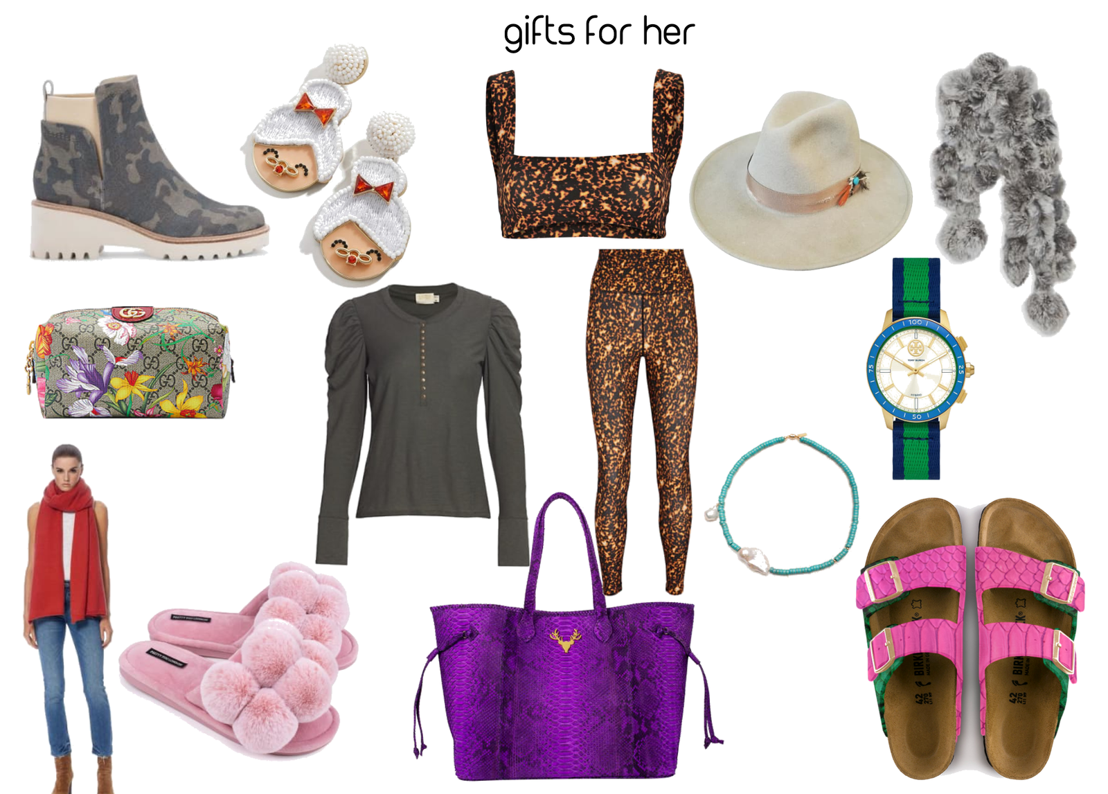 Booties, Mrs. Clause Earrings, Top & Leggings, Hat, Fur Scarf, Gucci Bag, Puff Top, Necklace, Watch, Red Scarf, Pink Slippers, Purple Bag, Berks (make your own combo!)