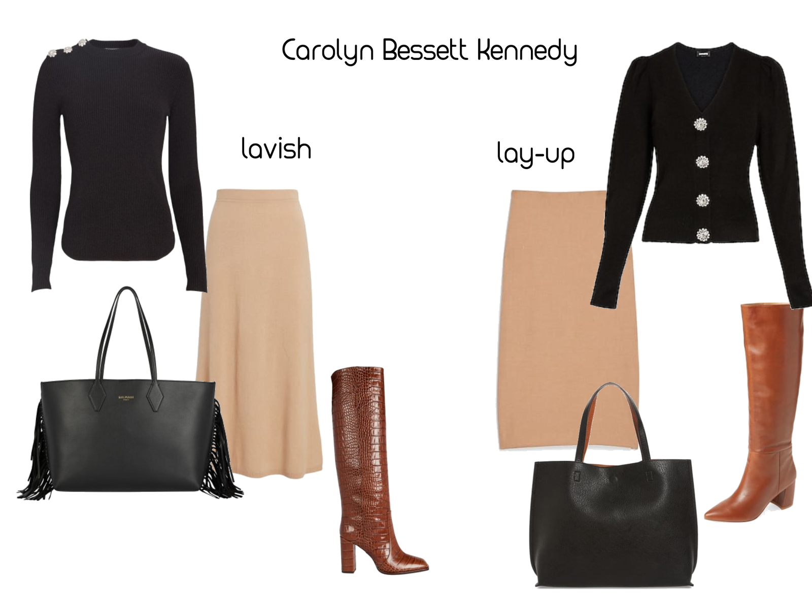 LAVISH: Skirt. Bag. Sweater. Boots. LAY-UP: Skirt. Skirt. Sweater. Bag. Boots