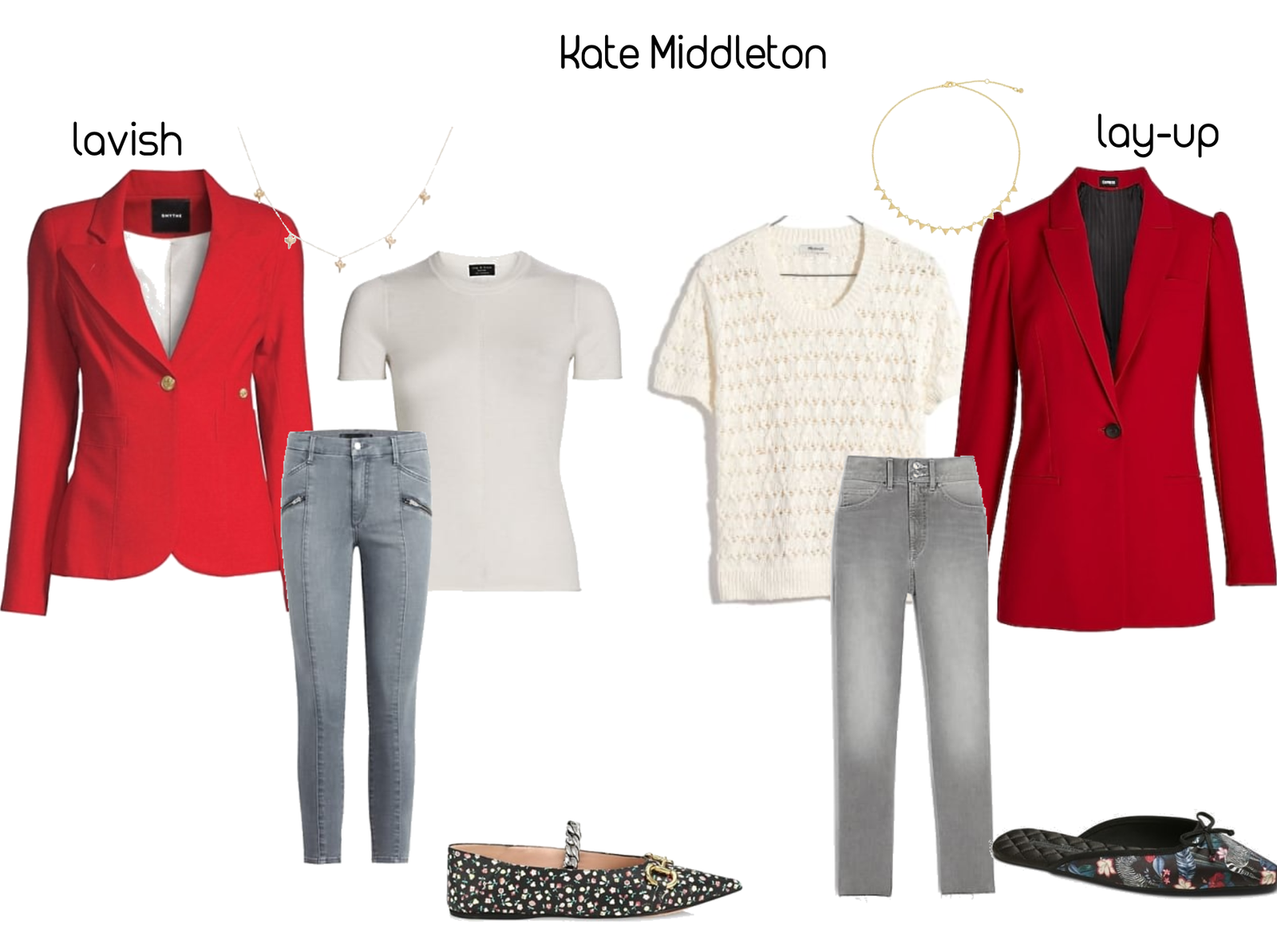 LAVISH: Blazer Jeans. Sweater. Shoes. Necklace. LAY-UP: Blazer. Jeans. Sweater. Shoes. Necklace