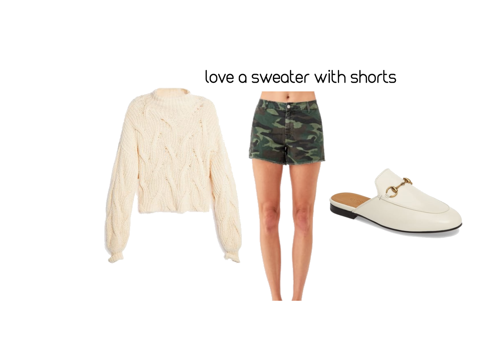 SWEATER, SHORTS, SLIDES