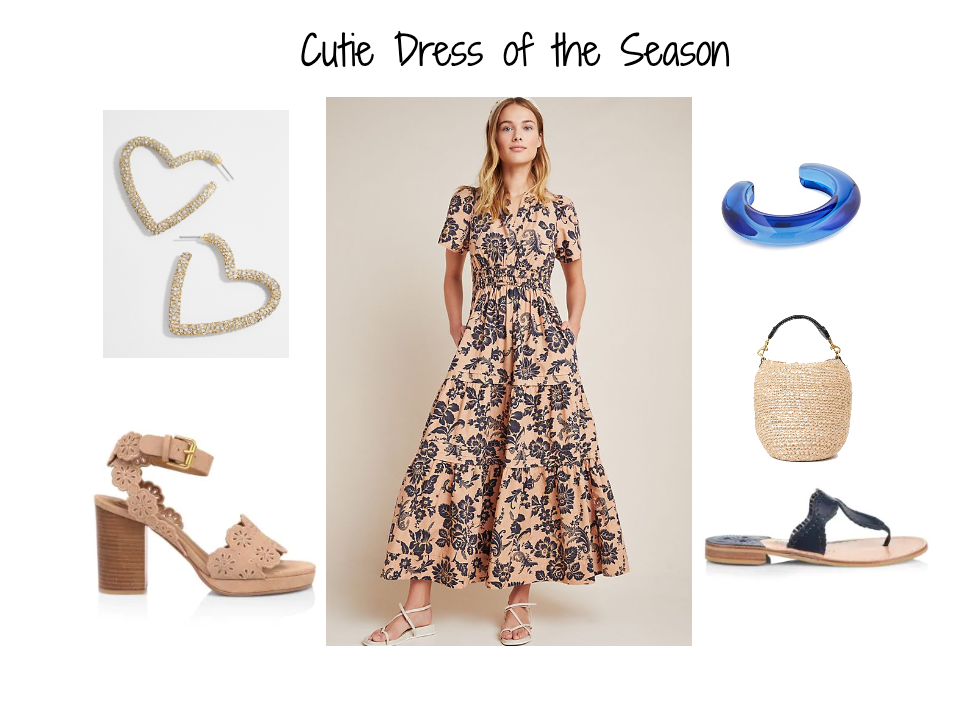 Ciena Heart Hoop Earrings: HERE.Floral Suede Platforms: HEREJackie Leather Navy Sandals: HERESomerset Maxi Dress. HERE.Cream Pot de Miel Bag HERERidge Cuff in Electric Blue HERE
